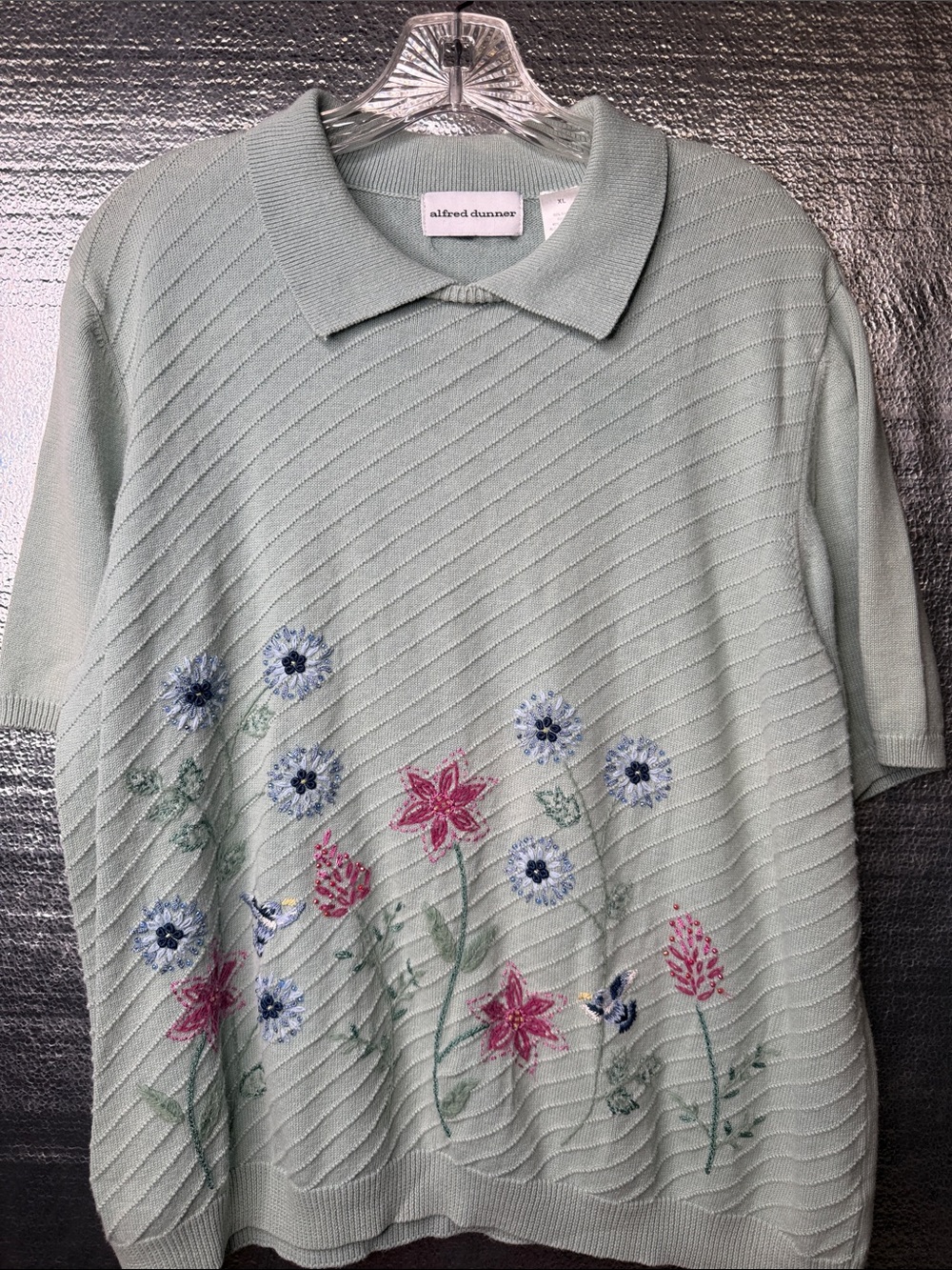 Alfred Dunner Mint Green Short-Sleeve Polo Sweater with Floral Embroidery